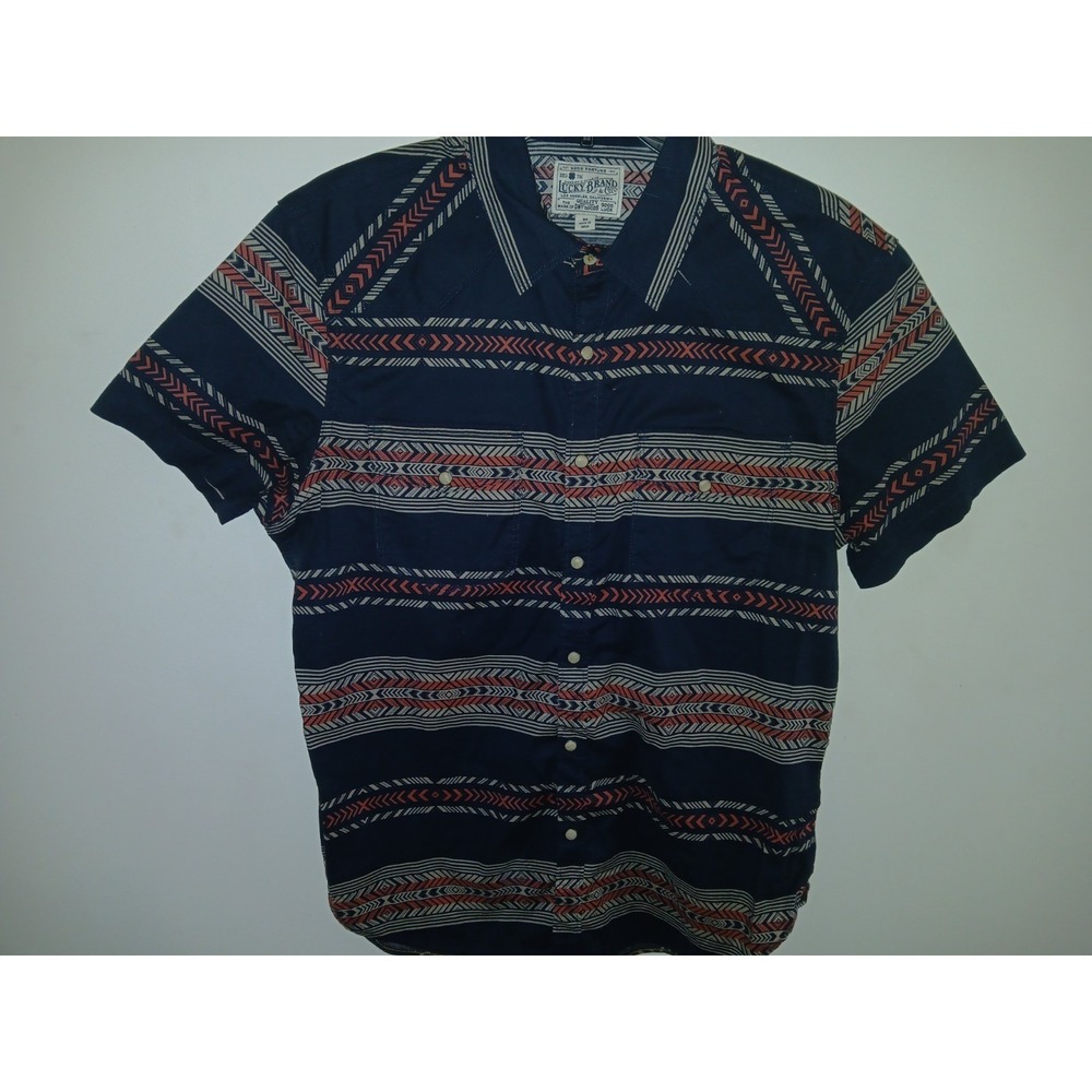 Lucky Brand Men's Navy Beige Orange Aztec Print Pearl Snap Stretch Shirt Medium